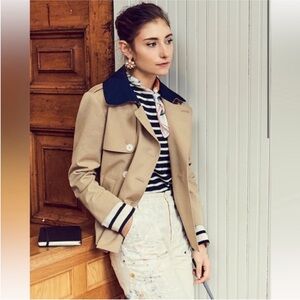 J.Crew Cropped Trench Coat Navy Collar Detachable Striped Cuff Sz 12 NWT